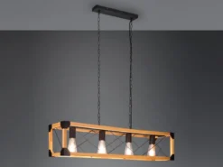 Balken Pendelleuchte TENALI 4 flammig Schwarz mit Holzbalken, Breite 100cm
