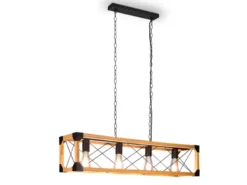 Balken Pendelleuchte TENALI 4 flammig Schwarz mit Holzbalken, Breite 100cm
