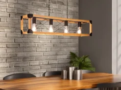 Balken Pendelleuchte TENALI 4 flammig Schwarz mit Holzbalken, Breite 100cm