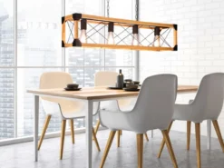 Balken Pendelleuchte TENALI 4 flammig Schwarz mit Holzbalken, Breite 100cm