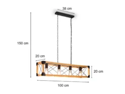 Balken Pendelleuchte TENALI 4 flammig Schwarz mit Holzbalken, Breite 100cm