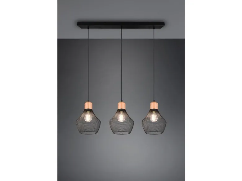 Balken Pendelleuchte VALERIA Drahtgeflecht Schwarz mit Holz B 80cm