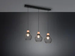 Balken Pendelleuchte VALERIA Drahtgeflecht Schwarz mit Holz B 80cm
