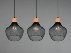 Balken Pendelleuchte VALERIA Drahtgeflecht Schwarz mit Holz B 80cm