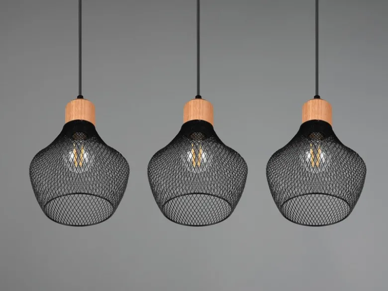 Balken Pendelleuchte VALERIA Drahtgeflecht Schwarz mit Holz B 80cm