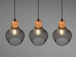 Balken Pendelleuchte VALERIA Drahtgeflecht Schwarz mit Holz B 80cm