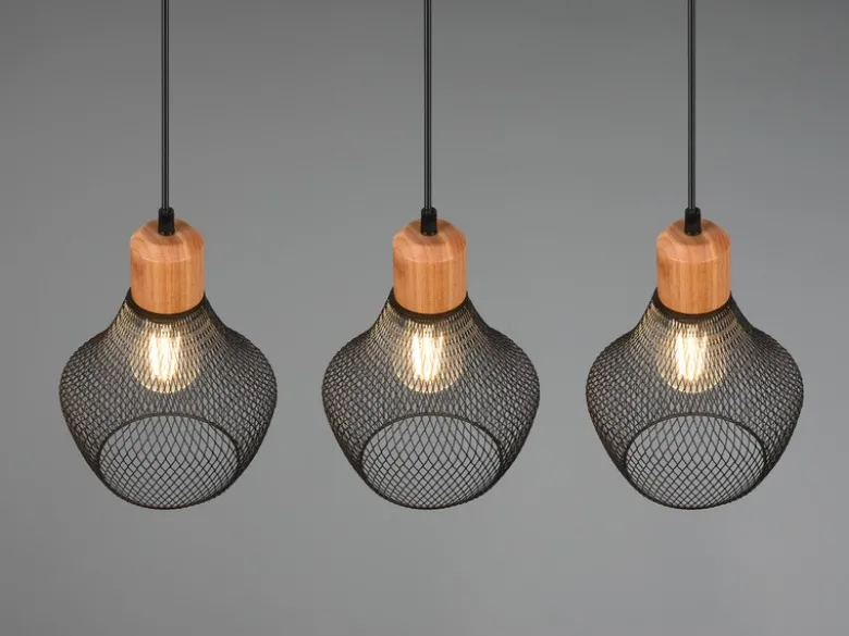 Balken Pendelleuchte VALERIA Drahtgeflecht Schwarz mit Holz B 80cm