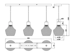 Balken Pendelleuchte VALERIA Drahtgeflecht Schwarz mit Holz B 80cm