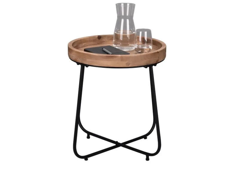 Beistelltisch JETTE rund Metallgestell Schwarz, Tischplatte Holzoptik Ø 52cm