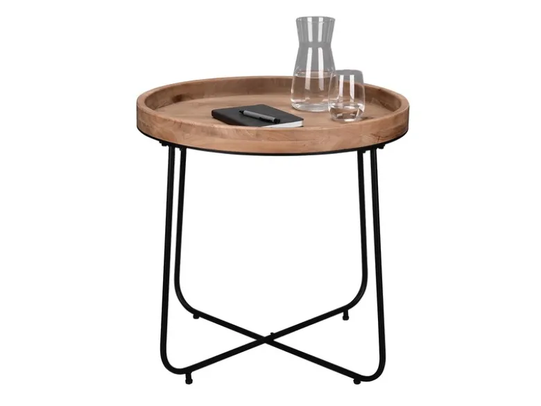 Beistelltisch JETTE rund Metallgestell Schwarz, Tischplatte Holzoptik Ø 66,5cm