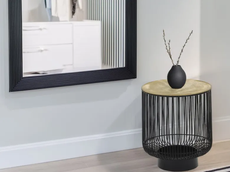 Beistelltisch RINA Korbtisch Metall Schwarz und Tischplatte Gold, Höhe 46cm