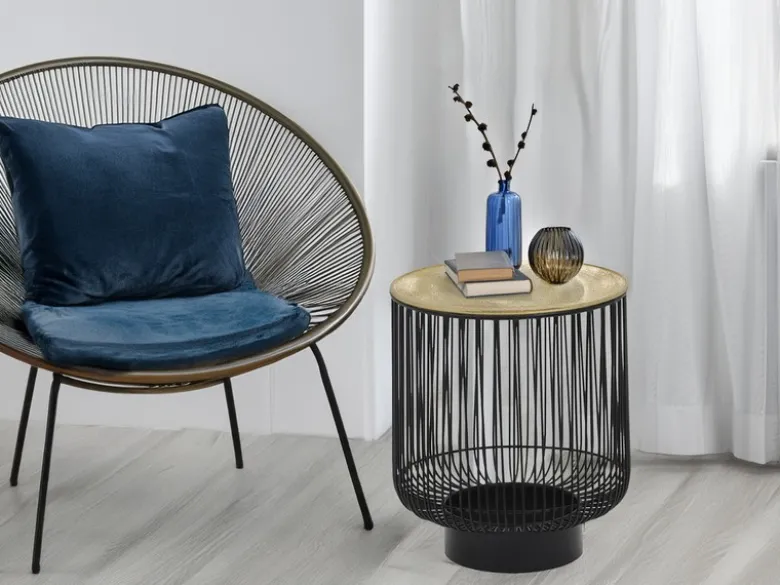 Beistelltisch RINA Korbtisch Metall Schwarz und Tischplatte Gold, Höhe 46cm