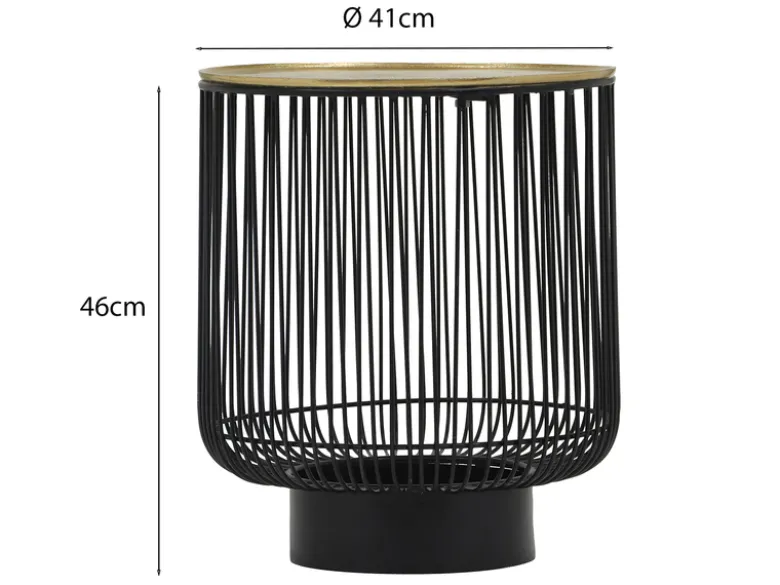 Beistelltisch RINA Korbtisch Metall Schwarz und Tischplatte Gold, Höhe 46cm