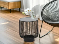 Beistelltisch RINA Korbtisch Metall Schwarz und Tischplatte Silber, Höhe 46cm