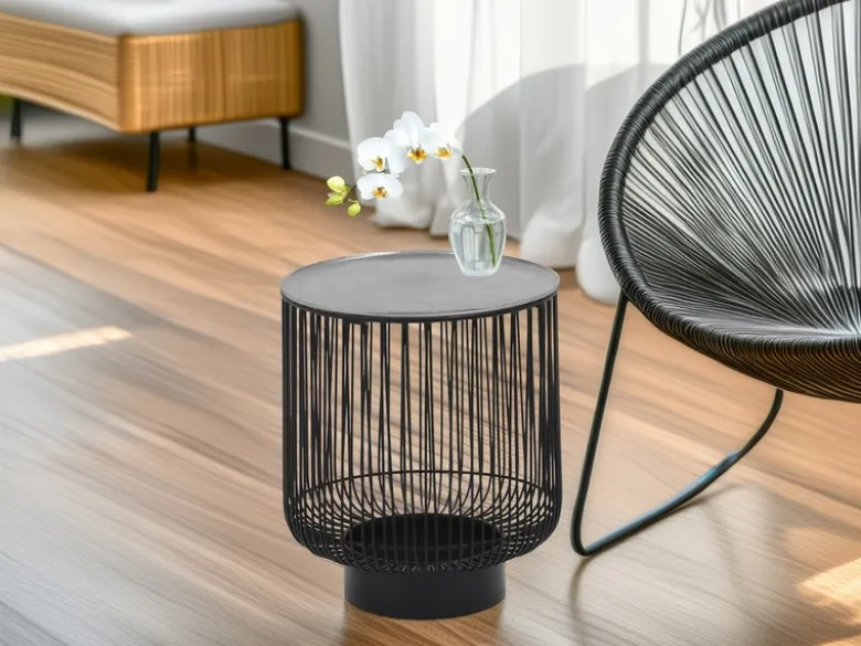Beistelltisch RINA Korbtisch Metall Schwarz und Tischplatte Silber, Höhe 46cm