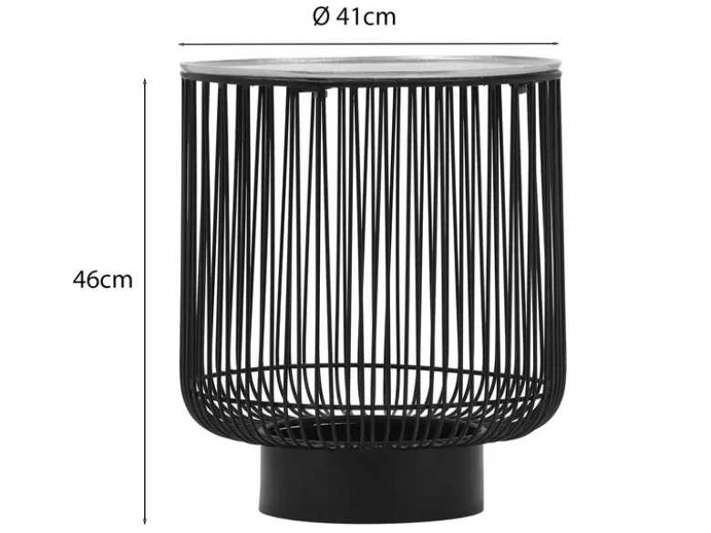 Beistelltisch RINA Korbtisch Metall Schwarz und Tischplatte Silber, Höhe 46cm