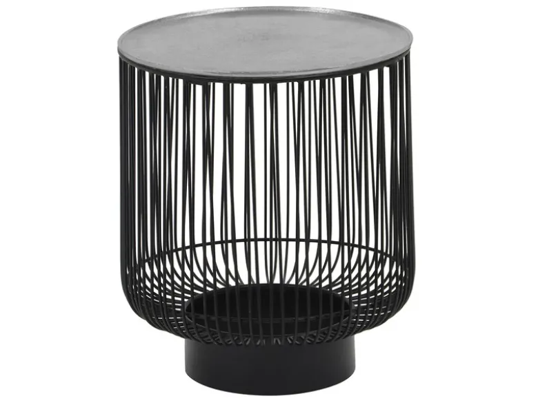 Beistelltisch RINA Korbtisch Metall Schwarz und Tischplatte Silber, Höhe 46cm