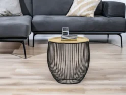 Beistelltisch RINA Korbtisch Metall Schwarz und Tischplatte Gold, Höhe 42cm