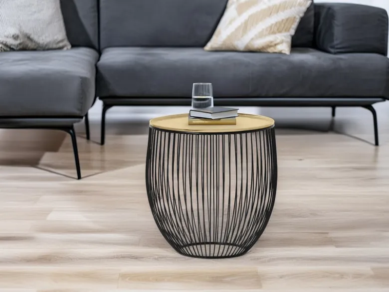 Beistelltisch RINA Korbtisch Metall Schwarz und Tischplatte Gold, Höhe 42cm