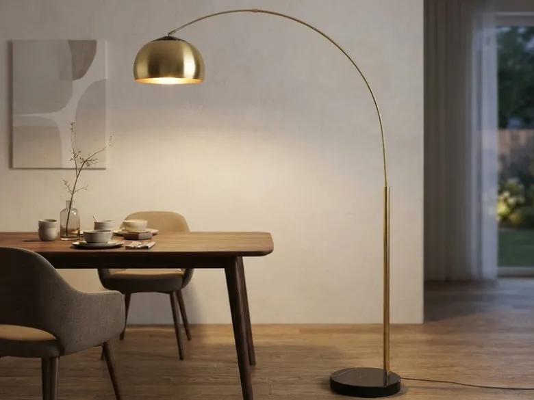 Bogenlampe ARGENTINA Schirm Messing Gold, große Ausladung, Höhe 200cm