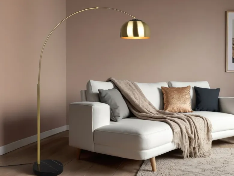 Bogenlampe ARGENTINA Schirm Messing Gold, große Ausladung, Höhe 200cm