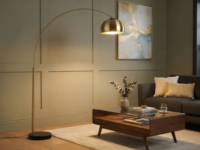 Bogenlampe ARGENTINA Schirm Messing Gold, große Ausladung, Höhe 200cm