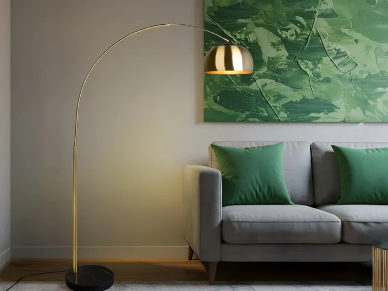 Bogenlampe ARGENTINA Schirm Messing Gold, große Ausladung, Höhe 200cm