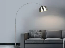Bogenlampe ARGENTINA Schirm Metall Silber, große Ausladung, Höhe 200cm