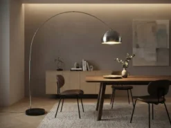 Bogenlampe ARGENTINA Schirm Metall Silber, große Ausladung, Höhe 200cm