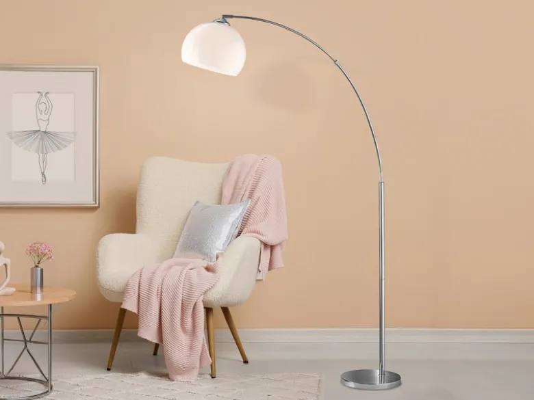 Bogenlampe Designklassiker BRASILIA Silber Chrom mit Acrylschirm, Höhe 180cm