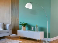 Bogenlampe Designklassiker BRASILIA Silber Chrom mit Acrylschirm, Höhe 180cm