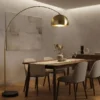 Bogenlampe Schirm Metall Messing Gold mit E27 LED, große Ausladung, Höhe 200cm