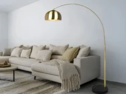 Bogenlampe Schirm Metall Messing Gold mit E27 LED, große Ausladung, Höhe 200cm