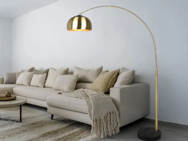 Bogenlampe Schirm Metall Messing Gold mit E27 LED, große Ausladung, Höhe 200cm