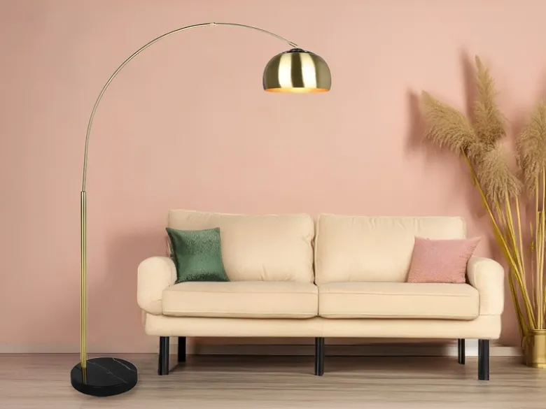 Bogenlampe Schirm Metall Messing Gold mit E27 LED, große Ausladung, Höhe 200cm