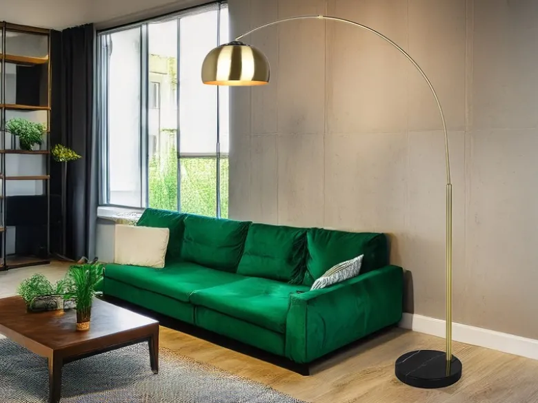 Bogenlampe Schirm Metall Messing Gold mit E27 LED, große Ausladung, Höhe 200cm