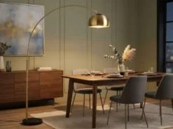 Bogenlampe Schirm Metall Messing Gold mit E27 LED, große Ausladung, Höhe 200cm