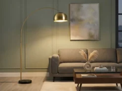 Bogenlampe Schirm Metall Messing Gold mit E27 LED, große Ausladung, Höhe 200cm
