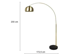 Bogenlampe Schirm Metall Messing Gold mit E27 LED, große Ausladung, Höhe 200cm