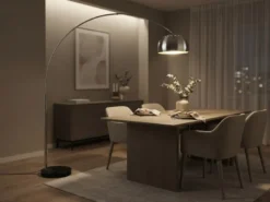 Bogenlampe Schirm Metall Silber mit E27 LED, große Ausladung, Höhe 200cm