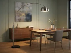 Bogenlampe Schirm Metall Silber mit E27 LED, große Ausladung, Höhe 200cm