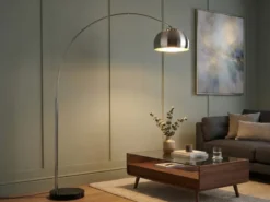 Bogenlampe Schirm Metall Silber mit E27 LED, große Ausladung, Höhe 200cm