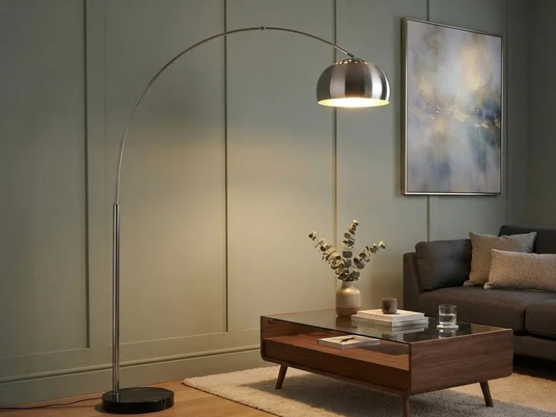 Bogenlampe Schirm Metall Silber mit E27 LED, große Ausladung, Höhe 200cm
