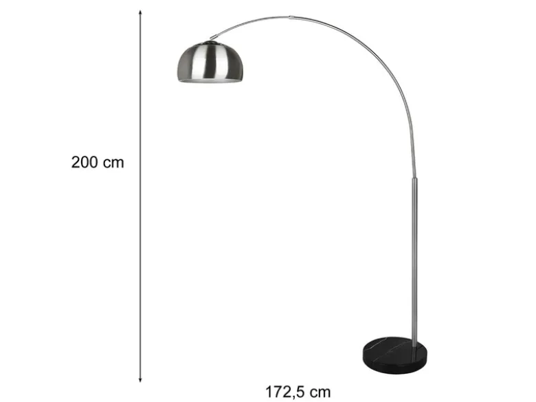 Bogenlampe Schirm Metall Silber mit E27 LED, große Ausladung, Höhe 200cm