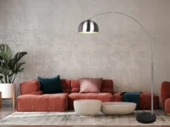 Bogenlampe Schirm Metall Silber mit E27 LED, große Ausladung, Höhe 200cm