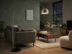 Bogenlampe Schirm Metall Silber mit E27 LED, große Ausladung, Höhe 200cm
