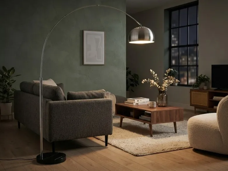 Bogenlampe Schirm Metall Silber mit E27 LED, große Ausladung, Höhe 200cm
