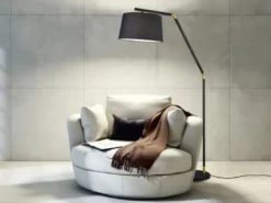 Bogenleuchte TRACY Metall Schwarz Gold mit Stoffschirm Schwarz, Höhe 175cm
