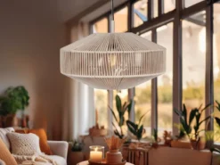 Boho LED Pendelleuchte Lampenschirm aus Baumwolle Beige, Ø 46cm