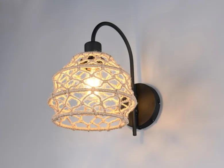 Boho LED Wandleuchte mit Schalter & Lampenschirm geflochten Hanfseil, Höhe 32cm
